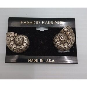 Nautilus Spiral Shell design metal Clip Earrings Silver Tone Vintage Made USA